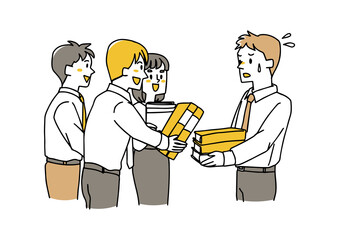 仕事を押し付けられて困っている男性　職場の人間関係に対するストレス　ゆるい線画の人物イラスト