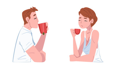 Young Man and Woman Drinking Cup of Tea or Coffee in the Morning Engaged in Daily Routine Activity Vector Set