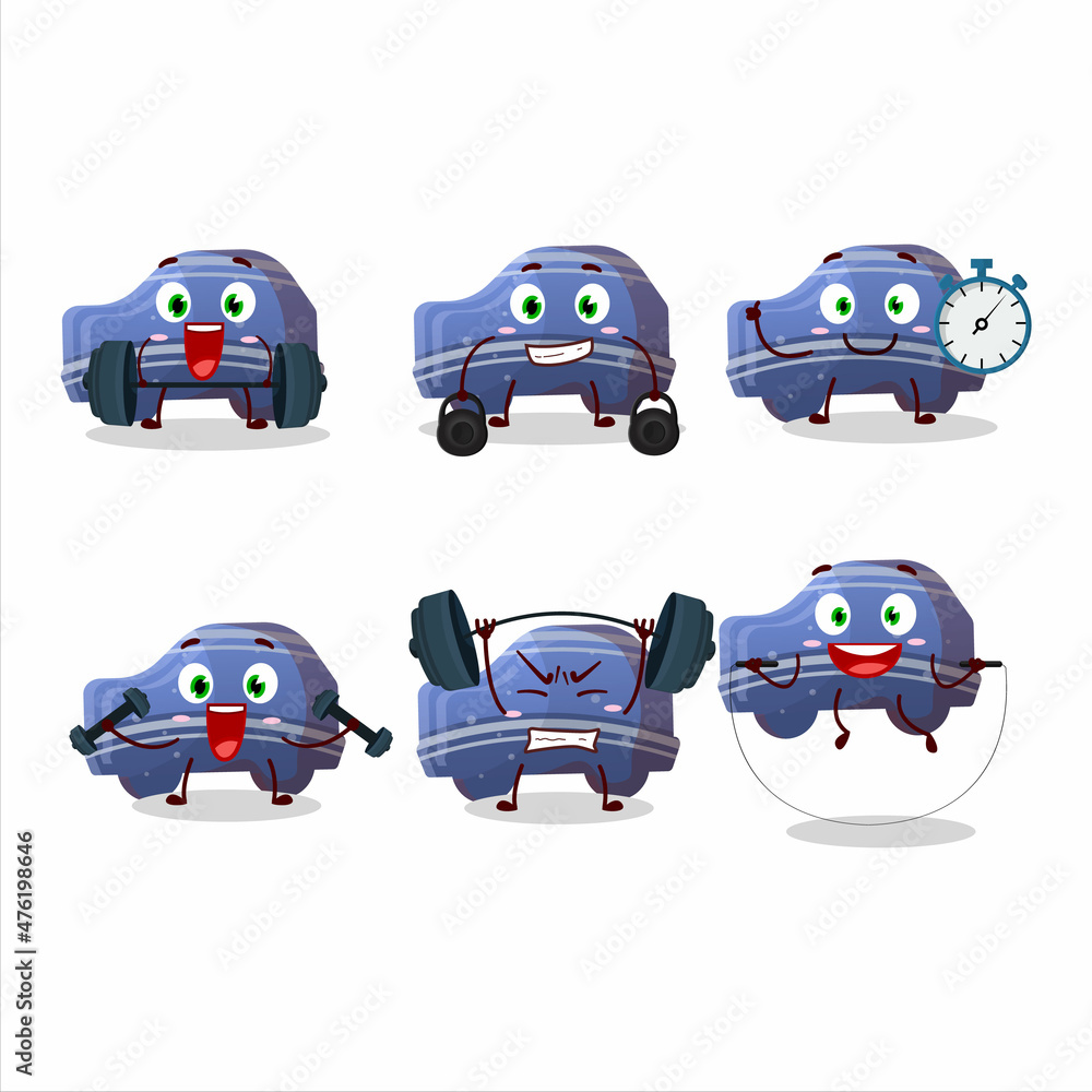 Poster A healthy blue car gummy candy cartoon style trying some tools on Fitness center