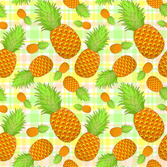 Pineapple seamless pattern on gingham background. Tropical fruit repeating endless texture. Yummy boundless background. Food surface pattern design. Editable tile for textile or stationery