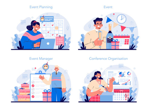 Event management concept set. Holiday, ceremony or corporate meeting