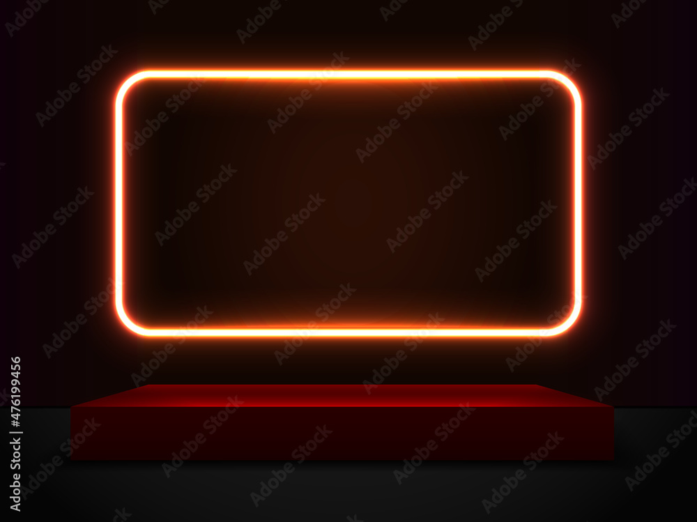 Poster Scene in the shape of a rectangle and a glowing neon frame.Vector background of neon light on a black background.
