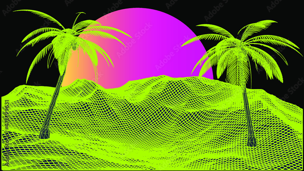 Poster Retro 80s synthwave styled 3D landscape with green laser grid mountains and palm trees. Vector illustration.