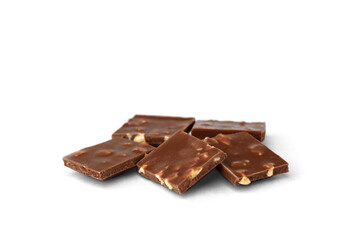 Pieces of chocolate with nuts isolated on white background.