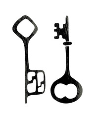 Old texture keys with scratches and scuffs, vintage, tracing, worn texture, hand drawn doodle style, isolated, white background. Vector illustration