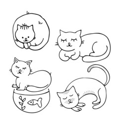 Draw black and white vector illustration character collection cute cats. Doodle cartoon style. Set characters.