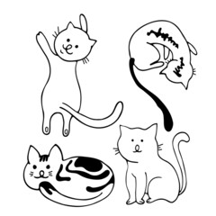 Draw black and white vector illustration character collection cute cats. Doodle cartoon style. Set characters.