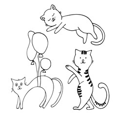 Draw black and white vector illustration character collection cute cats. Doodle cartoon style. Set characters.