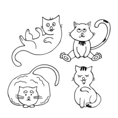 Draw black and white vector illustration character collection cute cats. Doodle cartoon style. Set characters.