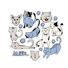Fototapeta premium Circle of cute vector graphic little cats. Cartoon mascot. Smiling adorable character. Illustration of cartoon cat isolated on white background