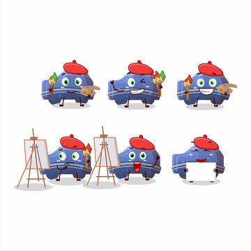 Artistic Artist of blue car gummy candy cartoon character painting with a brush