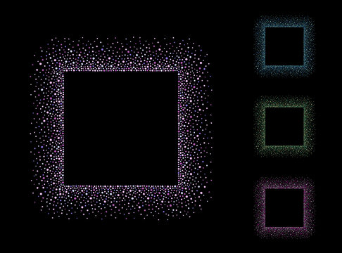 Set, collection of colorful square dot frames. Rectangle frame made of uneven tiny dots, beads, hand drawn spots, flecks, paint blobs, rounded drops. Dotty, dotted abstract text backgrounds.