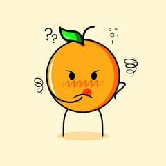cute orange character with thinking expression and hand placed on chin. suitable for emoticon, logo, mascot or sticker