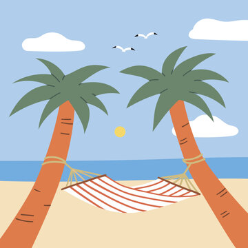 Tropical background. Hammock with palm trees on beach. Vector hand drawn illustration in cartoon flat style.