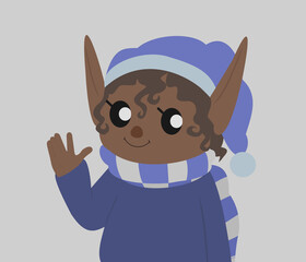 cute santa elf in blue clothes waving hand greetings
