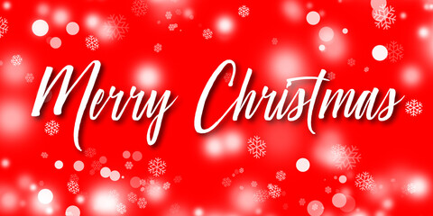 Fototapeta na wymiar Merry Christmas text on red background. White Christmas text on red backdrop. White snow flakes and light bokeh.