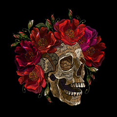 Embroidery human skull and red roses flowers. Fashion clothes template and t-shirt design. Dark gothic art. Halloween art. Medieval style