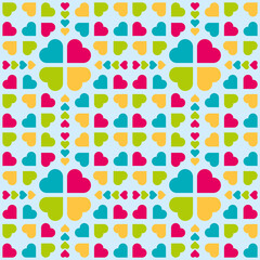 Blue background with square compositions of colorful hearts. Romantic seamless pattern. Ornament, texture for wallpaper, paper, packaging, textile, fabric, home decor