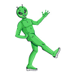 Friendly smiling alien green humanoid character, cartoon flat vector illustration isolated on white background. Space alien green man dancing.