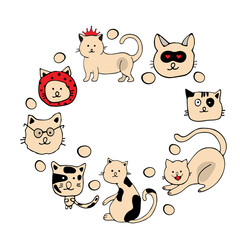 Circle of cute vector graphic little cats. Cartoon mascot. Smiling adorable character. Illustration of  cartoon cat isolated on white background