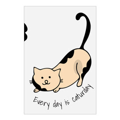 Cute cartoon cat full of love and purr, meow! Card, postcard. Smiling adorable character. Vector Illustration of  cartoon cat isolated on  square background.