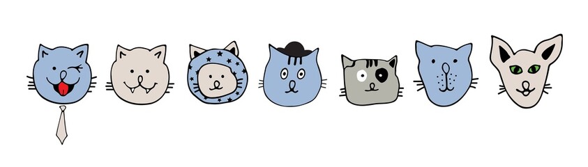 Untitled-1Draw vector illustration character collection cute cats. Doodle cartoon style. Set characters.
Cats heads emoticons vector.