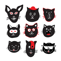 Draw vector illustration character collection cute black cats. Doodle cartoon style. Set characters.
Cats heads emoticons vector.