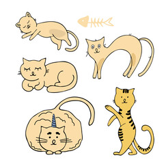 Set characters. Draw vector illustration character collection cute cats. Doodle cartoon style.