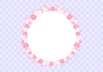イラスト素材: 桜柄の円フレーム　横位置（背景/紫色市松模様）
