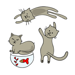 Set characters. Draw vector illustration character collection cute cats. Doodle cartoon style.