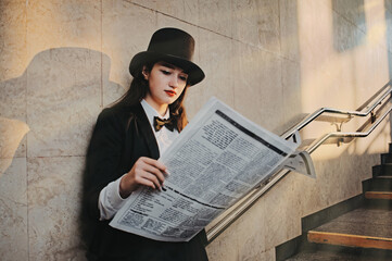 retro portrait of a young girl with a newspaper in her hands. woman standing in a tunnel underpass