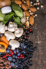 Panoramic food background with assortment of fresh organic fruits and vegetables for a balanced diet. Healthy food concept