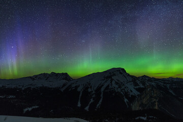 Fototapeta na wymiar Beautiful green aurora dancing over Mt. Borgeau, Banff, Canada