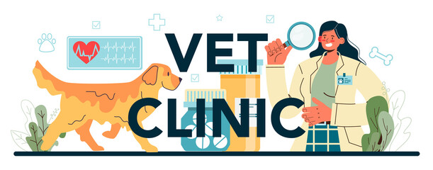 Vet clinic typographic header. Veterinary doctor checking and treating