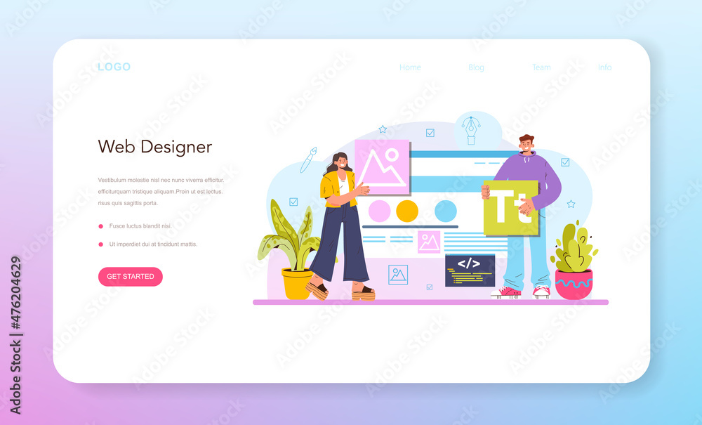 Poster web designer web banner or landing page. interface and content