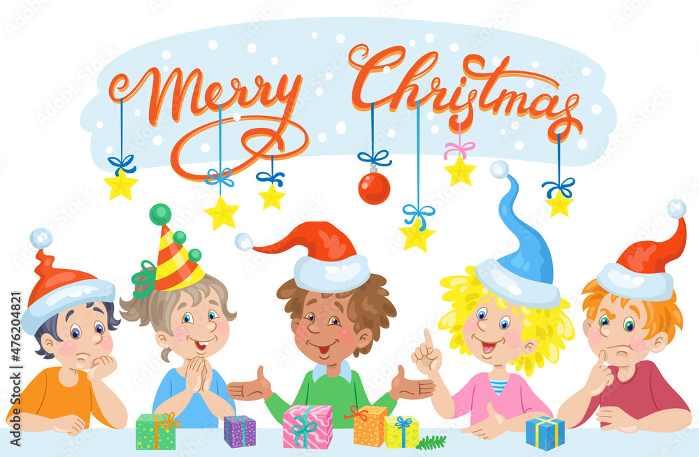 Sticker Merry Christmas! Happy children in Santa Claus hats with gifts in a decorated interior. Boys and girls with different emotions. In cartoon style. Isolated on white background. Vector illustration.