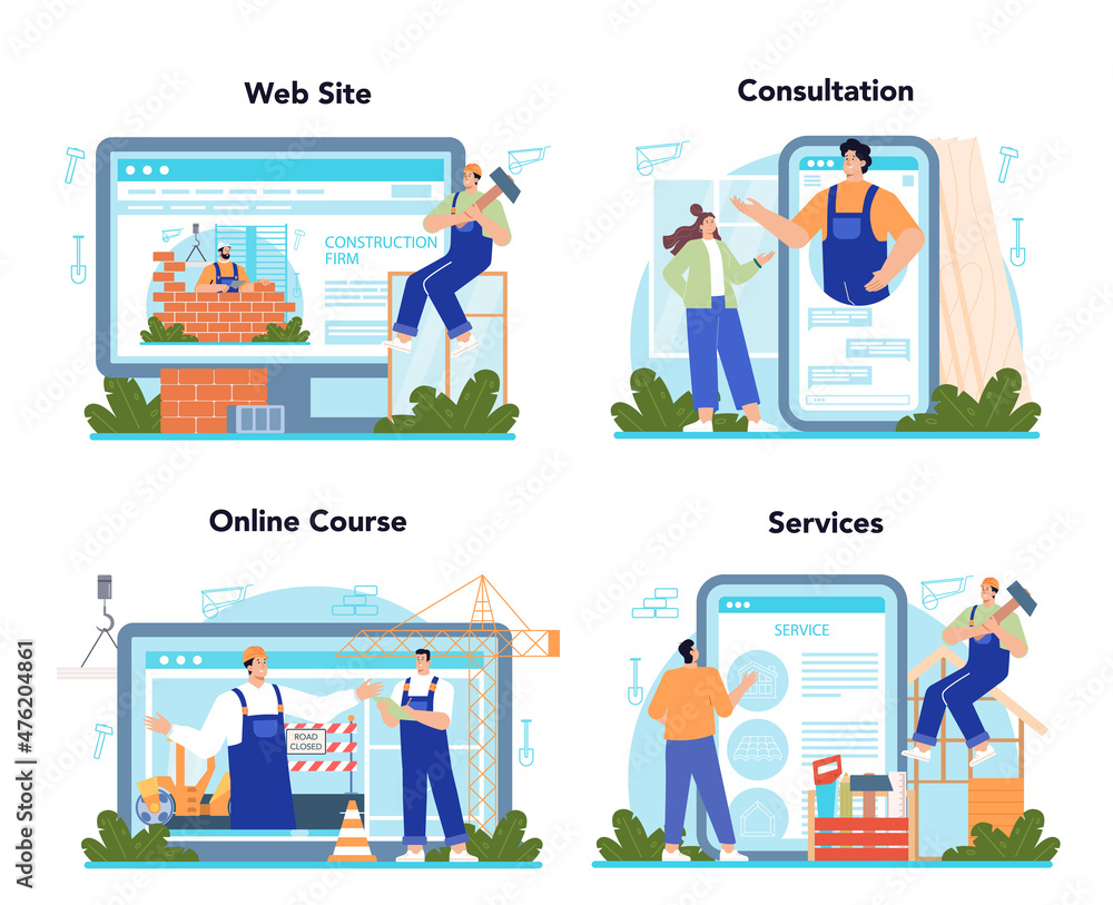 Poster constructor online service or platform set. house and road building process