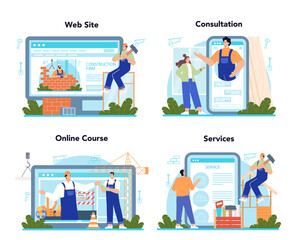 Constructor online service or platform set. House and road building process