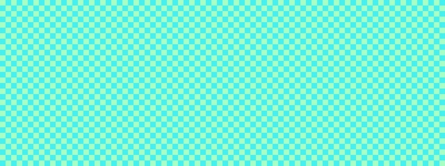 Checkerboard banner. Cyan and Mint colors of checkerboard. Small squares, small cells. Chessboard, checkerboard texture. Squares pattern. Background.