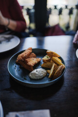 Food photography of fish and chips.