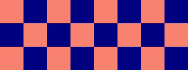Checkerboard banner. Navy and Salmon colors of checkerboard. Big squares, big cells. Chessboard, checkerboard texture. Squares pattern. Background.