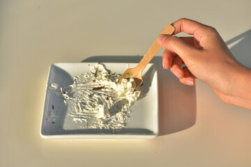 Dirty cream cake in the dish, Picture art eating concept design.