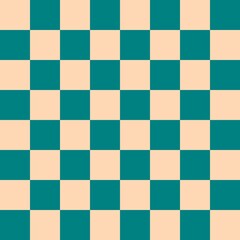 Checkerboard 8 by 8. Teal and Apricot colors of checkerboard. Chessboard, checkerboard texture. Squares pattern. Background.