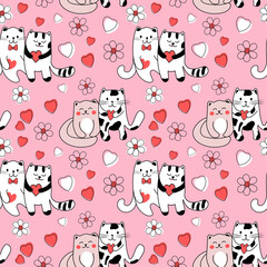 Romantic seamless pink pattern. Pattern with cats, flowers and hearts. Valentine's and woman day concept is for wallpaper, wrapping paper, scrapbooking, textile.