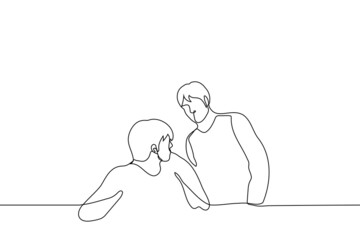 seated man turned around and looked at the other behind his back - one line drawing vector. concept of distracting someone, sneaking up, being caught red-handed