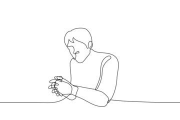 man sits with intertwined fingers of both hands - one line drawing vector. concept thoughtfulness, reflections, difficult conversation, confident posture, person listens carefully