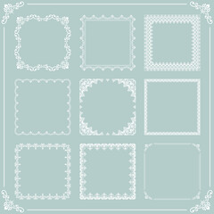 Vintage set of elements. Different white square elements for decoration and design frames, cards, menus, backgrounds and monograms. Classic patterns. Set of vintage patterns