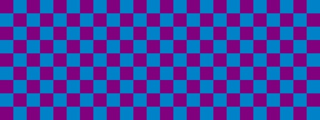 Checkerboard banner. Blue and Purple colors of checkerboard. Small squares, small cells. Chessboard, checkerboard texture. Squares pattern. Background.