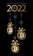 Bitcoin 2022. Christmas garland. Cryptocurrency Christmas tree decorations. Happy New Year. Greeting card, poster. Crypto currency coin on black background. Vector illustration. 