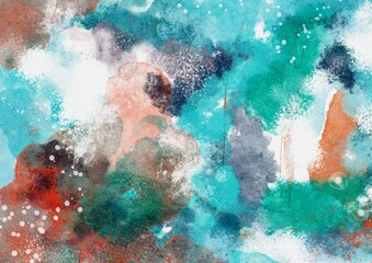 Hand Drawing Artistic Abstract Watercolor Background. Blue Red colors. Use for poster, card, interior design, invitation, template, backdrop, banner, textile, fabric
